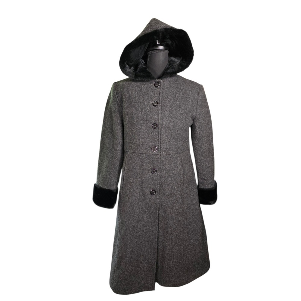 Rothschild Women Gray Wool Hooded Coat Faux Fur Trim Longline Button Front Sz 14